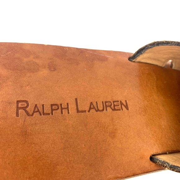 RALPH LAUREN Brown Embossed Leather Wooden Wedge Slip On‎ Sandals - Picture 4 of 9